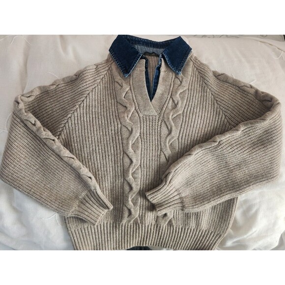 NWT COMMENSE Denim Collar Layered Sweater Beige Knit Sweater XS oversized fit - Picture 7 of 8